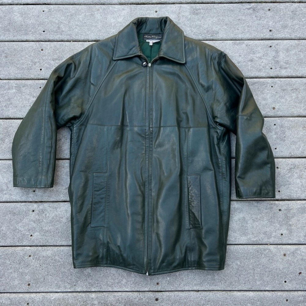VTG Salvatore Ferragamo Jacket XS Green Oversized‎ Zip Front Leather Coat Italy